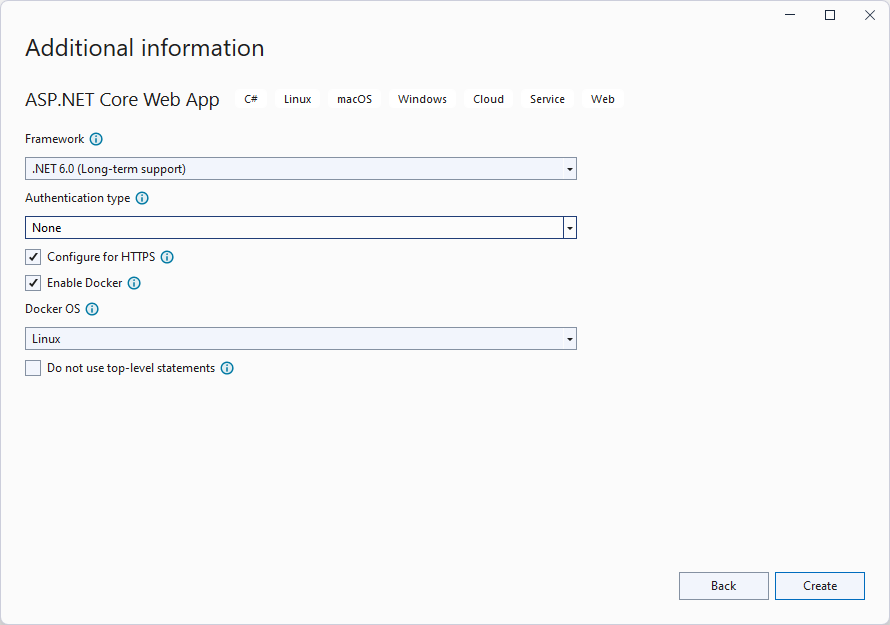 screenshot of Visual Studio new project dialog