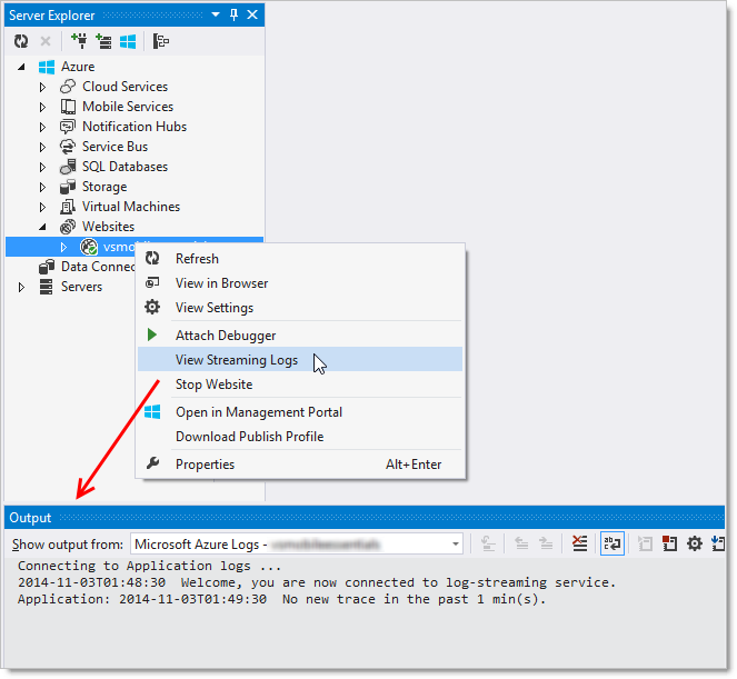 Azure streaming logs inside Visual Studio