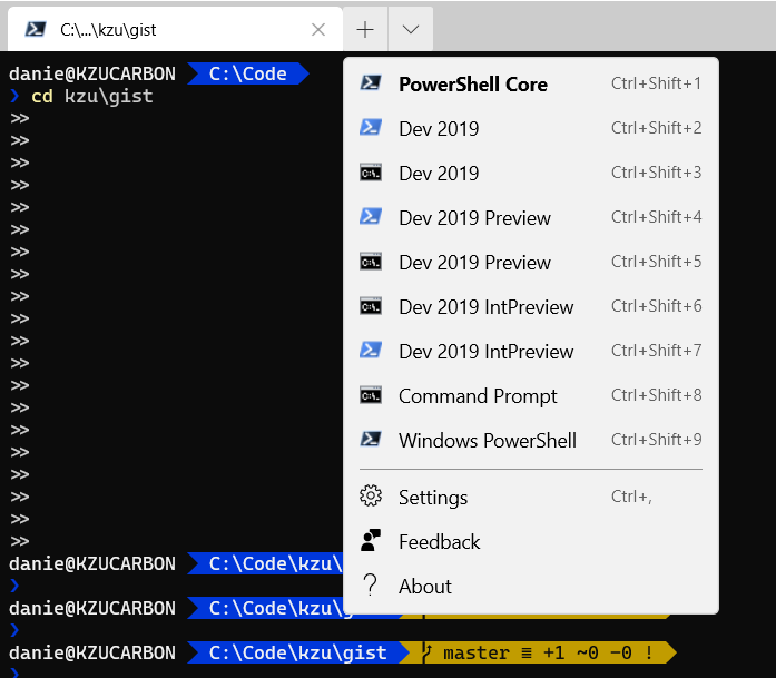 Screenshot of various terminal profiles to start a new tab