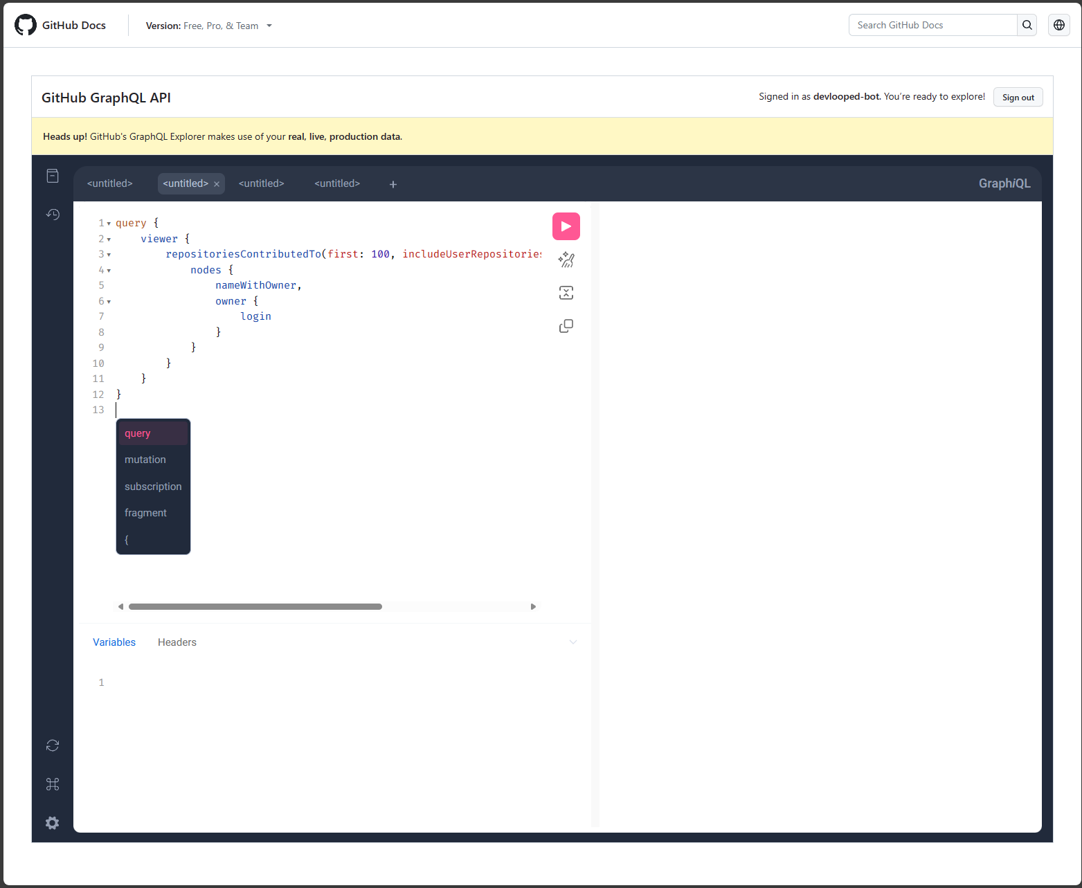 GraphQL explorer in wide screen