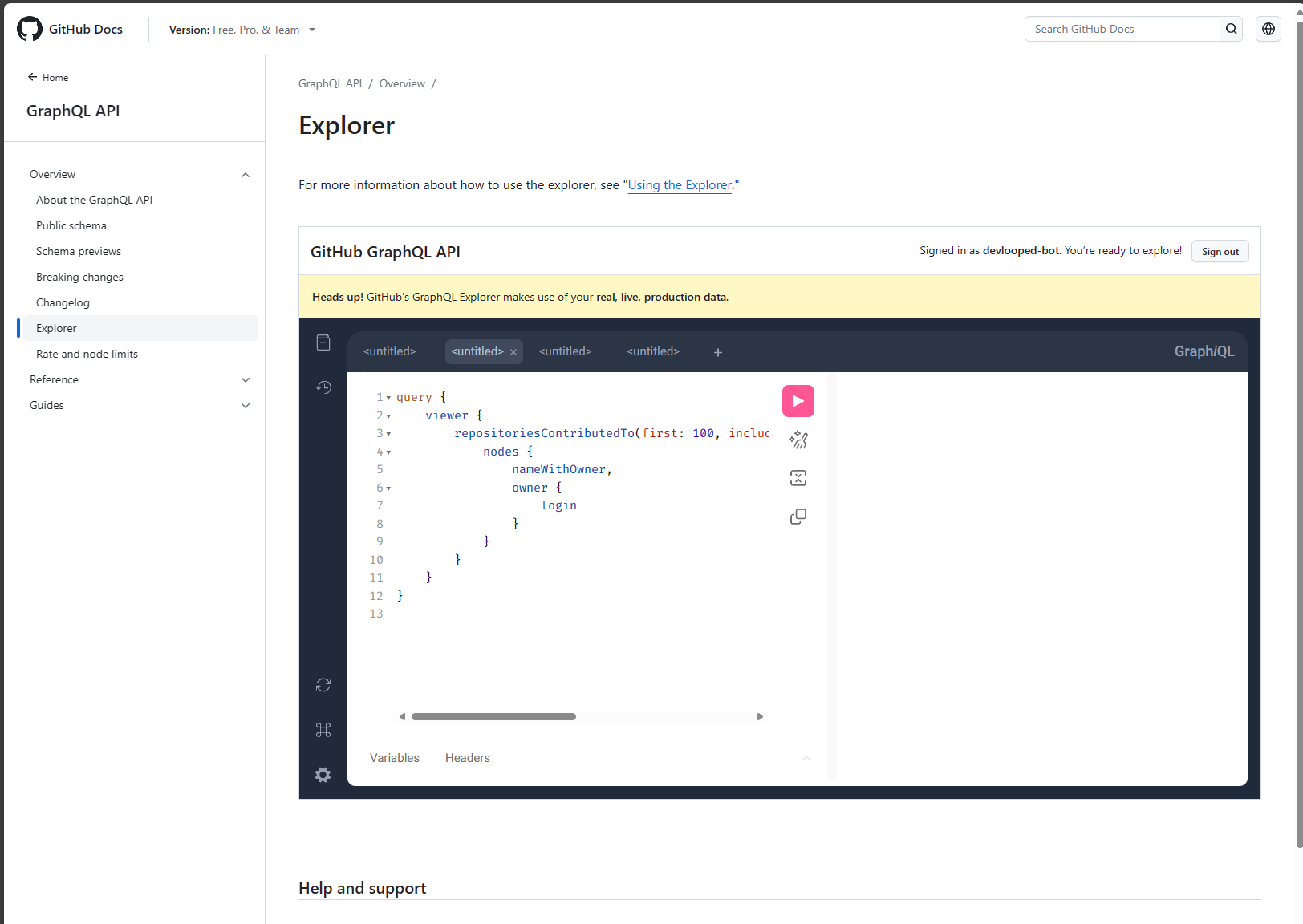 GraphQL explorer in regular screen