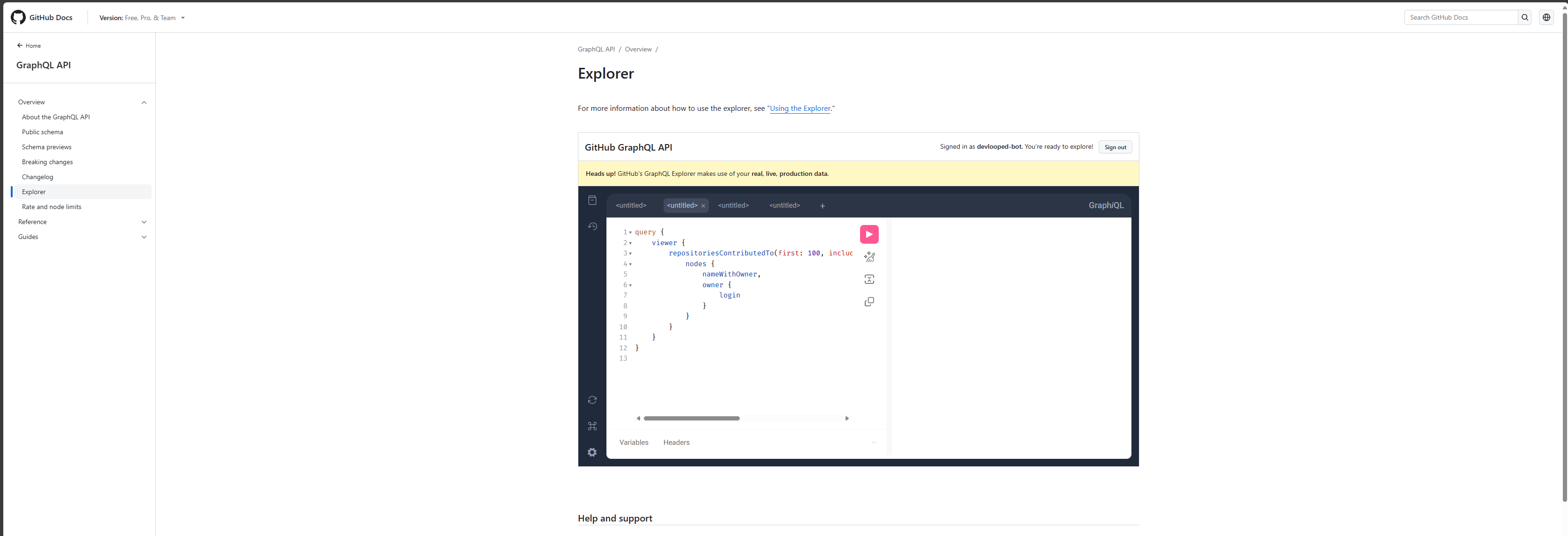 GraphQL explorer in wide screen