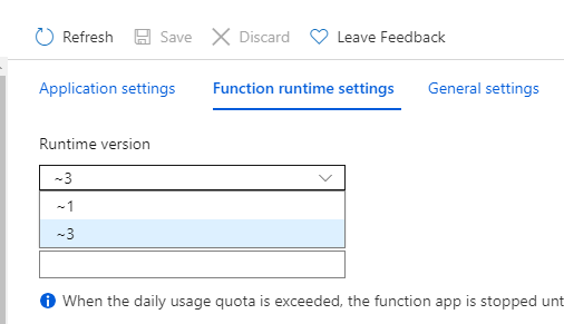 screenshot of functions runtime settings page