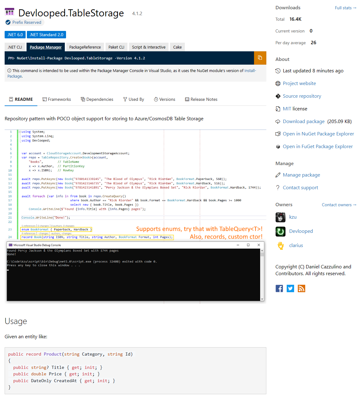 TableStorage package readme page