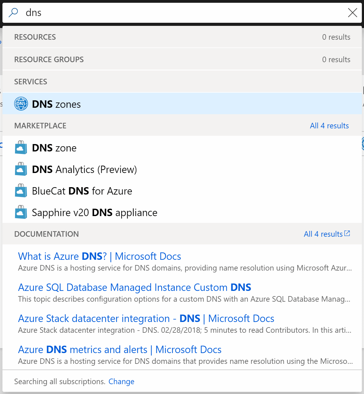 search DNS in azure portal